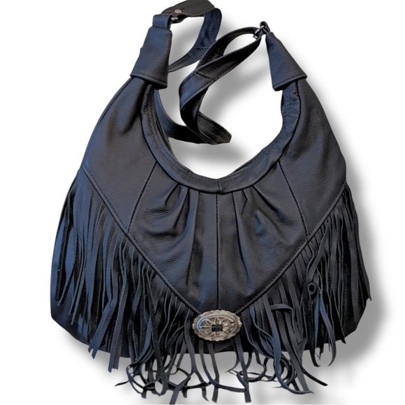 Leather Western Fringe Crossbody Bag Black Hobo Concho Bag 15 x 14 NWOT - Picture 13 of 17